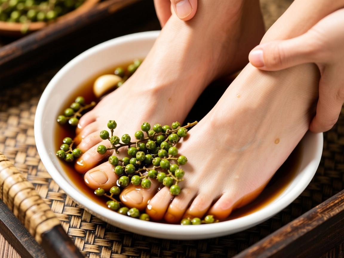 桃叶花椒蒜醋泡脚:温中散寒治疼痛