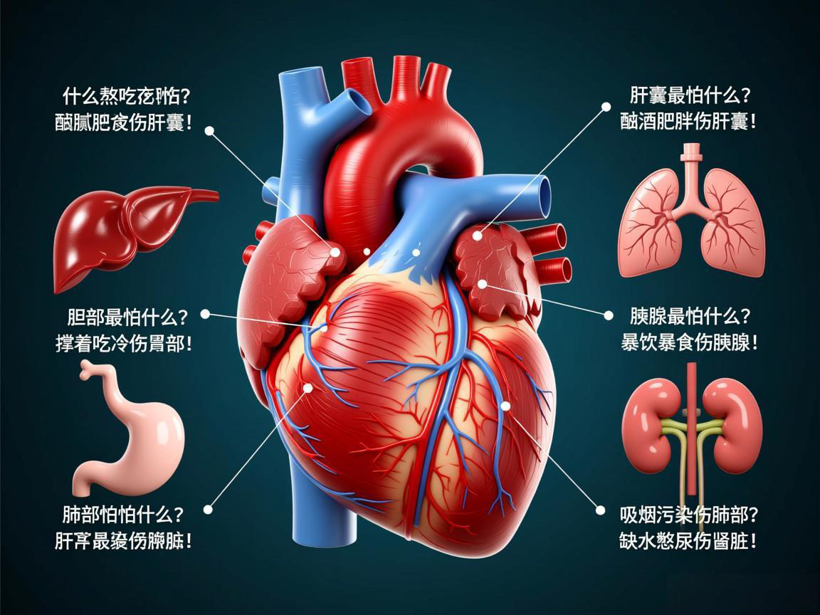 心脏最怕什么？熬夜吃咸伤心脏！  肝脏最怕什么？酗酒肥胖伤肝脏！  胆囊最怕什么？油腻饮食伤胆囊！  胃部最怕什么？撑着吃冷伤胃部！  胰腺最怕什么？暴饮暴食伤胰腺！  肺部最怕什么？吸烟污染伤肺部！